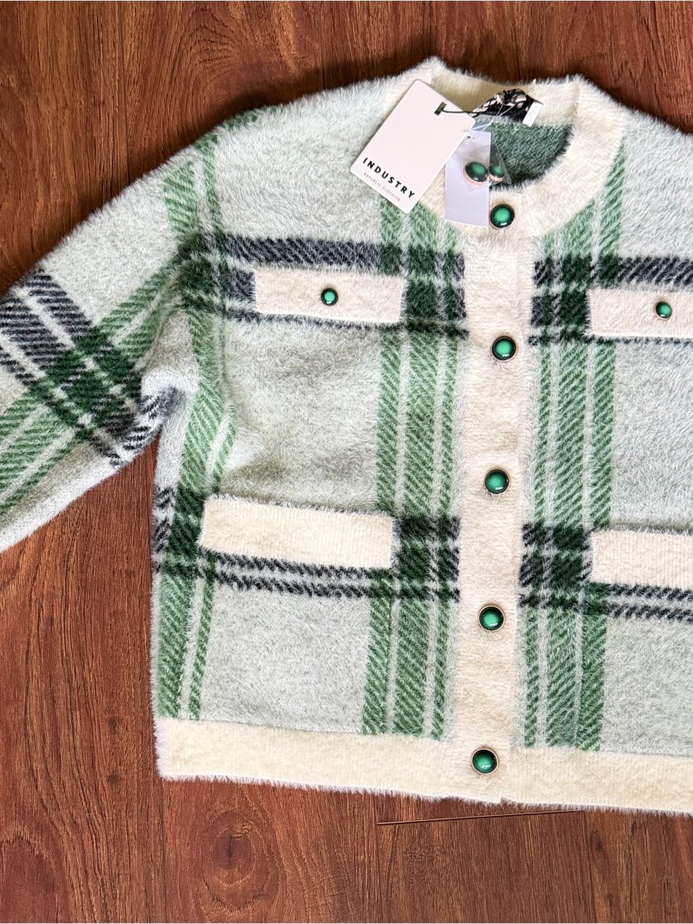 Industry Green Plaid Crewneck Cardigan